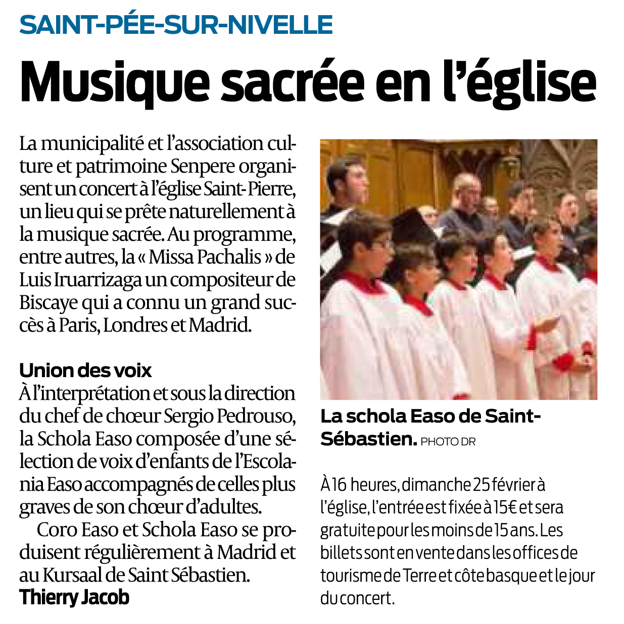 Articles de Sud-ouest du 19 février 2018 - Saint-Pée-sur-Nivelle - Concert de musique sacrée en l'église