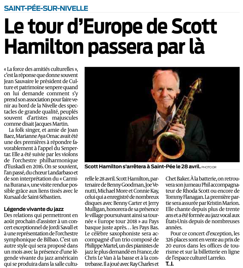 Articles de Sud-ouest du 3 avril 2018 - Saint-Pée-sur-Nivelle - Le tour d'Europe de Scott Hamilton passera par là