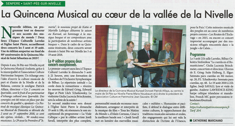 Articles de la Semaine du Pays basque du 27 juillet 2018 - La Quincena Musical au coeur de la vallée de la Nivelle.