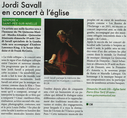 Article de La Semaine du Pays basque -  Jordi Savall en concert à l'église. 