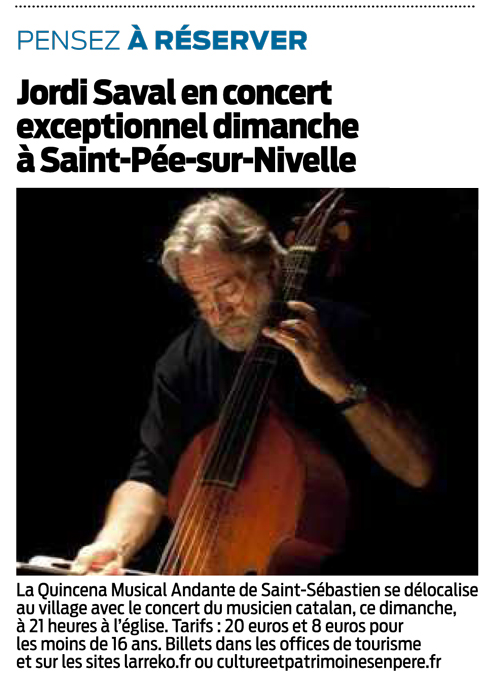 Article de Sud-Ouest -  Jordi Saval en concert. 
