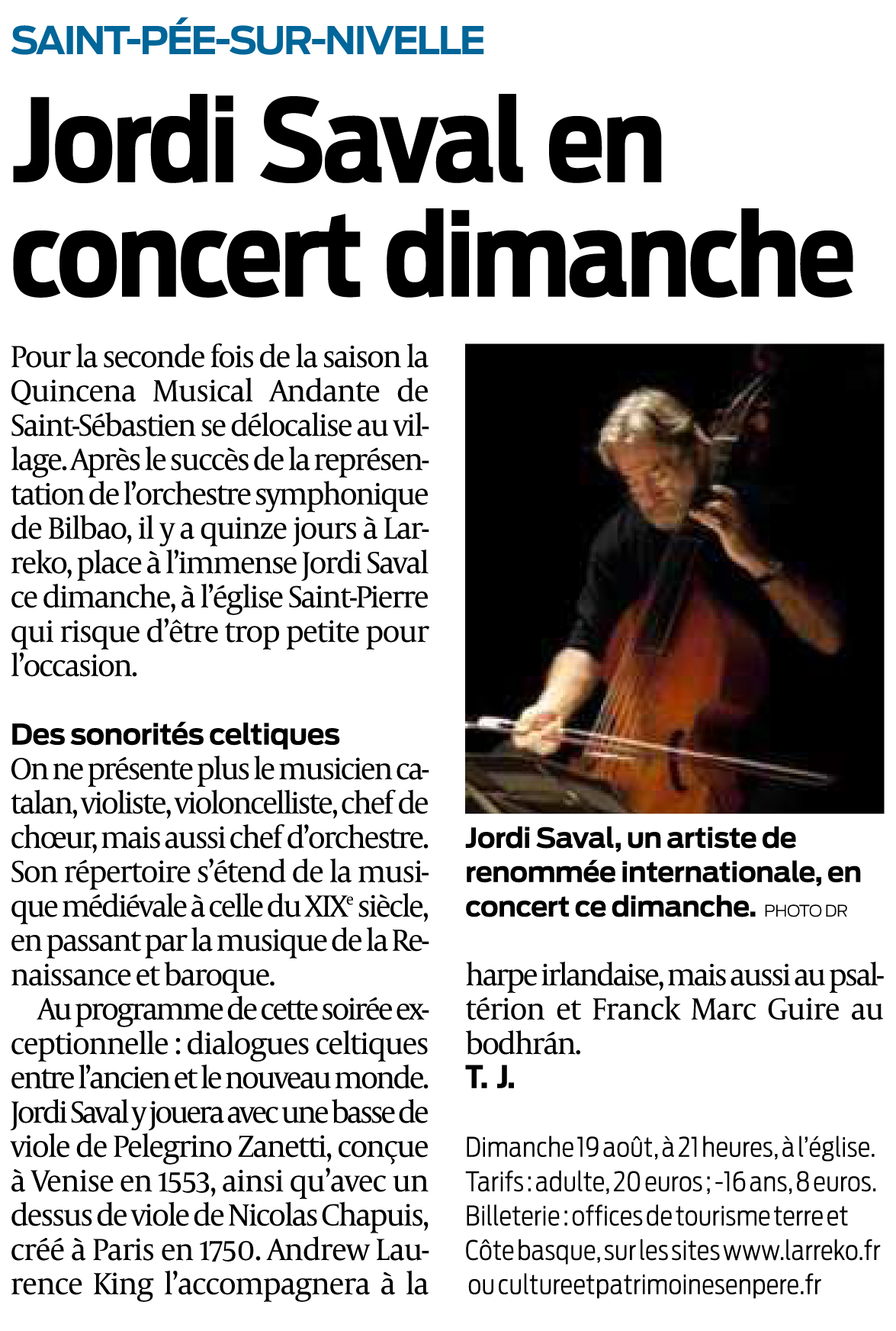 Article de Sud-Ouest -  Jordi Saval en concert dimanche. 