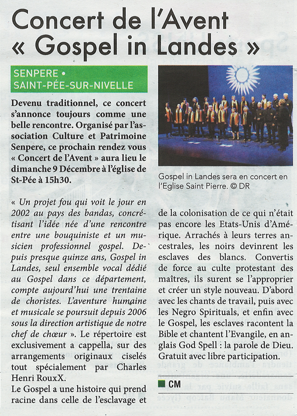Article de La Semaine du Pays basque - Concert de l'Avent Gospel in Landes
