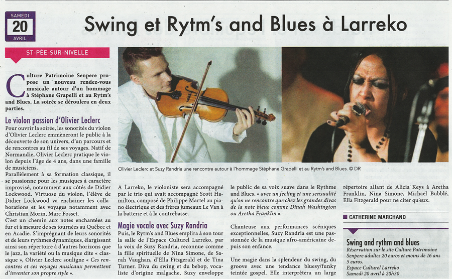 Article de la Semaine du Pays Basque du 12 au 18 avril 2019 - Swing et Rytm's and Blues  à Larreko