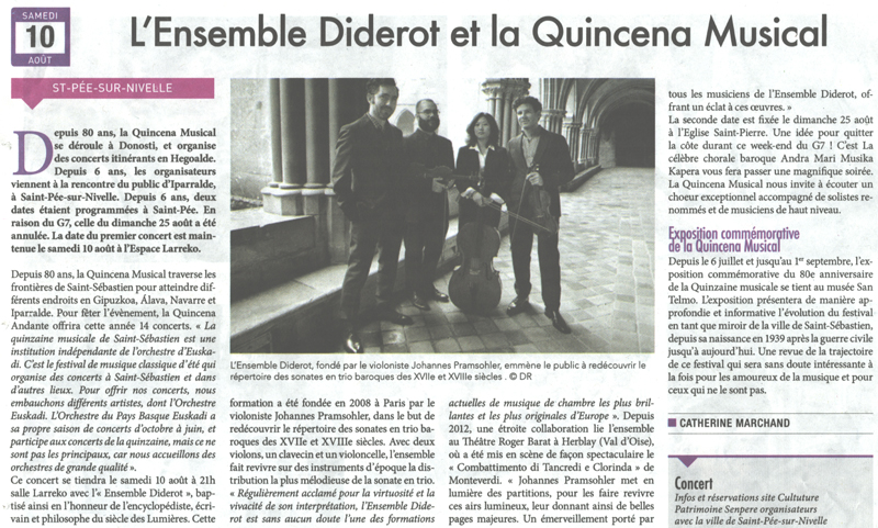 Article du 3 août 2019 de la Semaine du Pays basque - L'Ensemble Diderot et la Quincena Musical