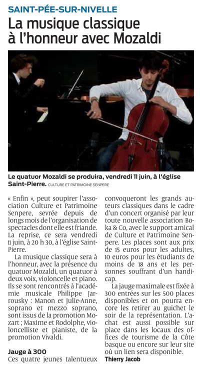 Article du 10 juin 2021 de Sud-Ouest - La musique classique à l'honneur avec Mozaldi.
