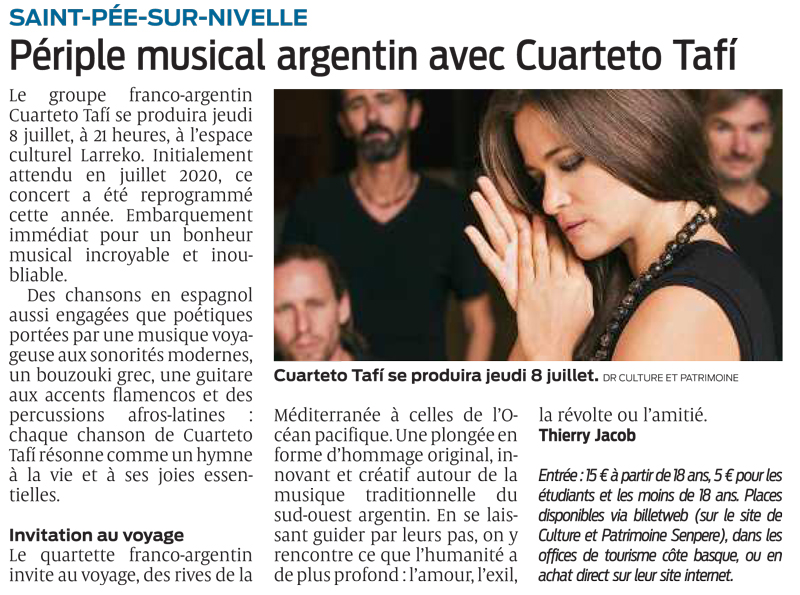 Article du 6 juillet 2021 de Sud-Ouest - Périple musical argentin avec Cuarto Tafi