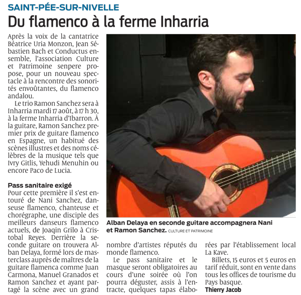 Article du 13 août 2021 de Sud-ouest - du Flamenco à la ferme Inharria.